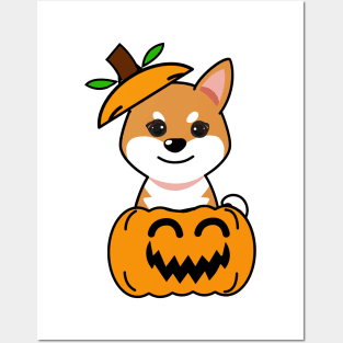 Funny orange dog is in a pumpkin Posters and Art